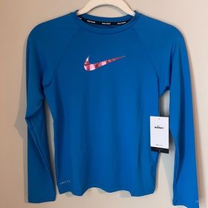 Nike Youth Swim Shirt- Blue with Pink Logo